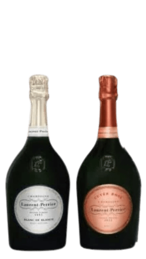 NV-Laurent-Perrier Champagne Brut Nature Blanc de Blancs + Brut Cuvee Rose in houten 2-vaks kist (2x 0,75 l.)